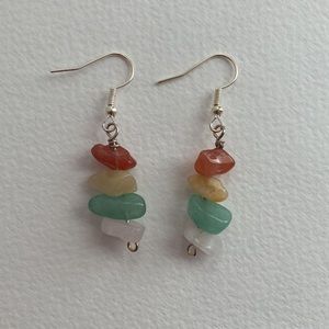Handmade earrings, color silver, red agate, yellow/green aventurine, rose quartz